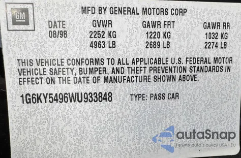 1998 Cadillac Seville Sts из США, поврежденный, VIN 1G6KY5496WU933848